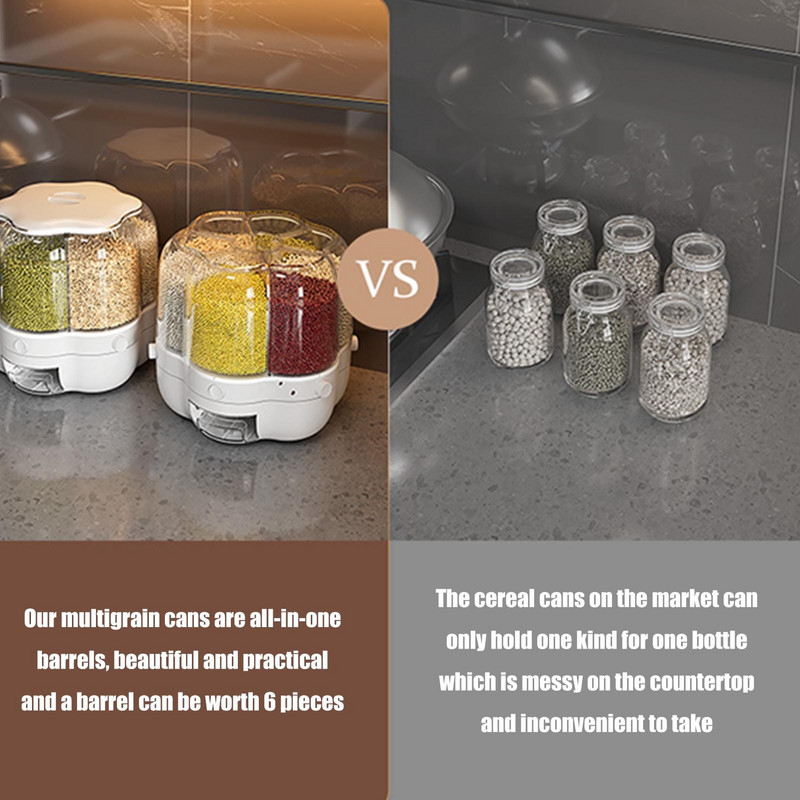 6 Tinklelis uždarytas besisukantis plastikinis ryžių dozatorius Apvalus sauso maisto grūdų dulkėms atsparus konteineris Virtuvės prietaisas, laikymo įrankiai Ryžių kibiras