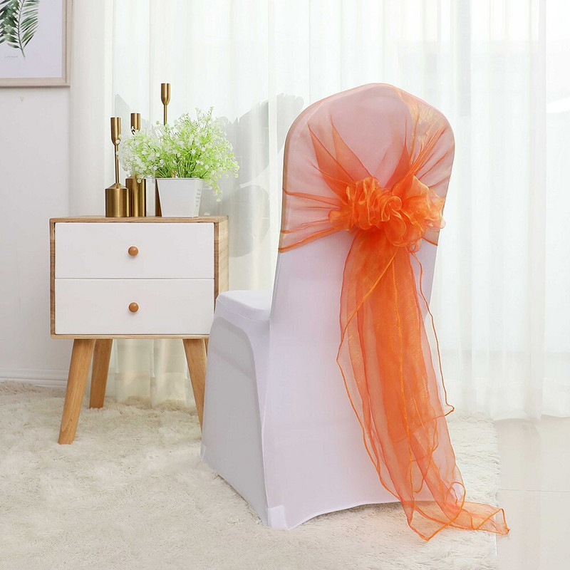 10 buc/lot 65x275cm Portocaliu Nod Organza Decor Scaun Nunta Banchet Event Decoratiuni Scaun Papion Benzi Scaun Cerceve Albastru