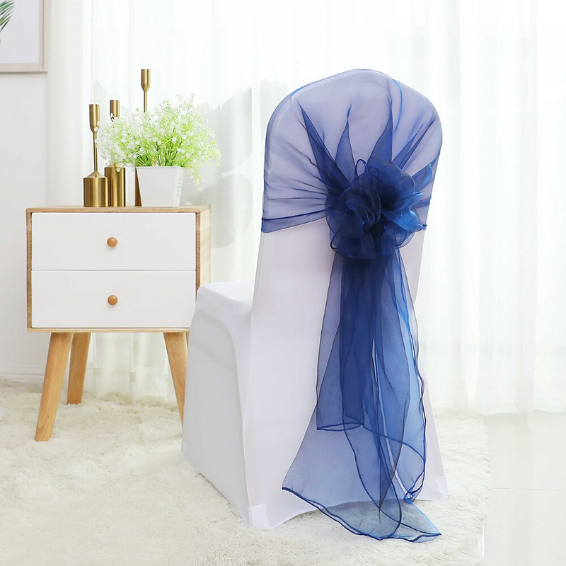 10 buc/lot 65x275cm Portocaliu Nod Organza Decor Scaun Nunta Banchet Event Decoratiuni Scaun Papion Benzi Scaun Cerceve Albastru