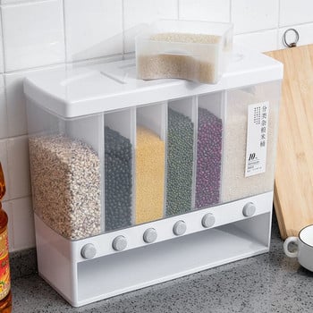 6 Grids Dispenser Dry Food Ξεχωριστός κάδος ρυζιού Δοχείο δημητριακών με προστασία υγρασίας Αυτόματες σχάρες Σφραγισμένο κουτί αποθήκευσης τροφίμων μέτρησης