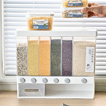 6 Grids Dispenser Dry Food Ξεχωριστός κάδος ρυζιού Δοχείο δημητριακών με προστασία υγρασίας Αυτόματες σχάρες Σφραγισμένο κουτί αποθήκευσης τροφίμων μέτρησης