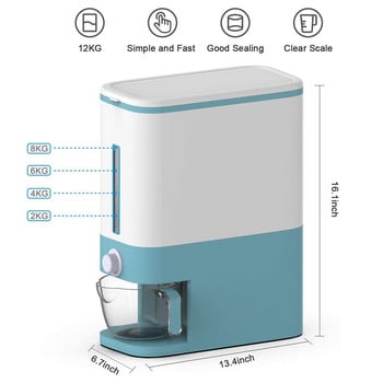 Χωρητικότητα 12 KG Αυτόματη Πλαστική Διανομή Δημητριακών Κουτί αποθήκευσης τροφίμων με δοσομετρική κούπα Κουζίνα Οργανωτής δοχείων κόκκων ρυζιού