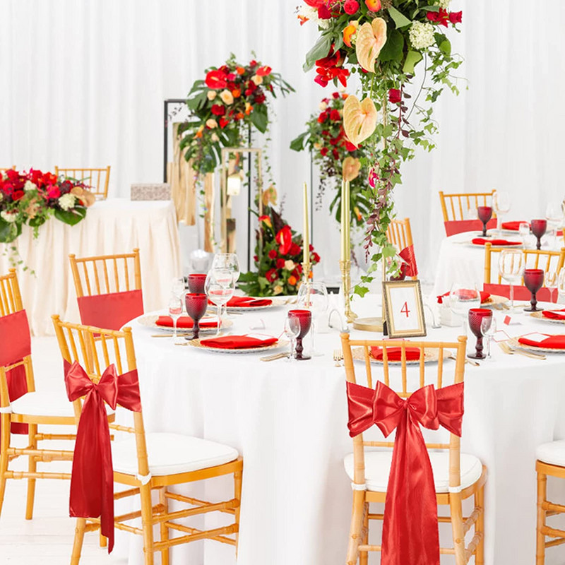 10/50 kom Satenska vrpca Pojas stolice s čvorom Crvene mašne za dekoraciju seoskih vjenčanja Stražnja navlaka Kravata Banket Party Hotel Event Supplies