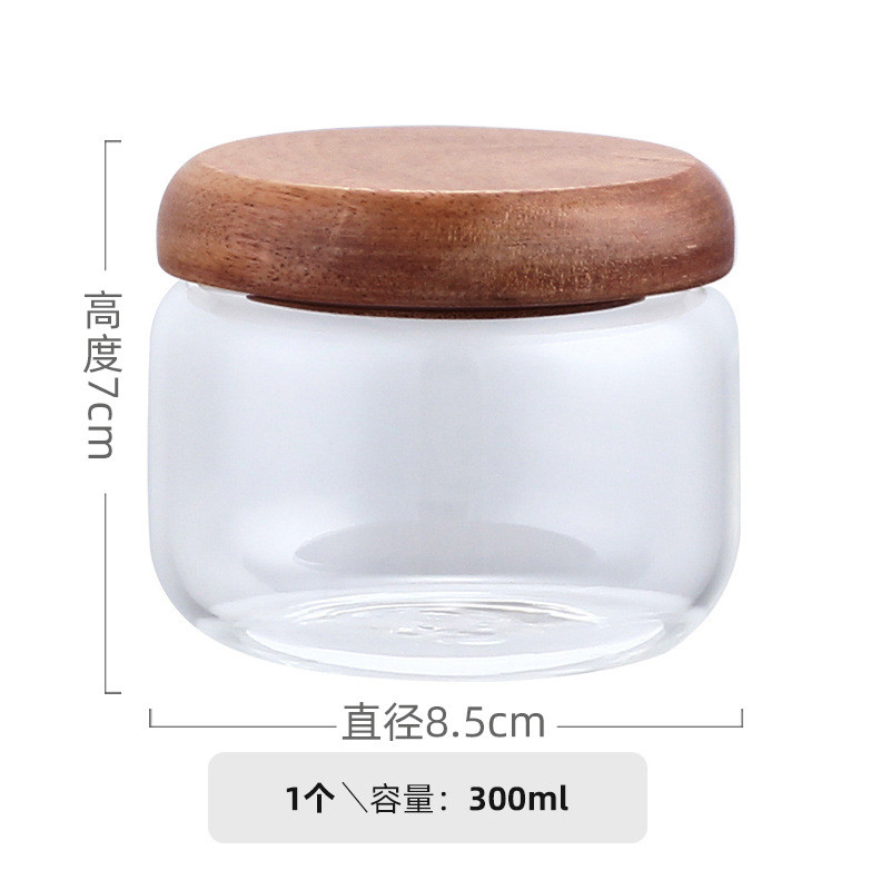 Modernus 300 ml nedidelis laikymo indelis medinis dangtelis apvalus arbatos bakelis riešutų užkandžių saldainių stiklainis permatomas stiklinės dėžutės laikymo indo apdaila