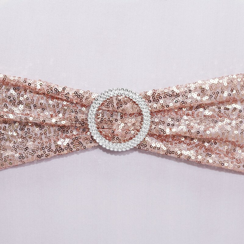 10 db minőségi flitteres székszárnyak Rose Gold Stretch szalagok kerek csattal esküvői dekorációs eseményekre, parti dekorációs szalagokra