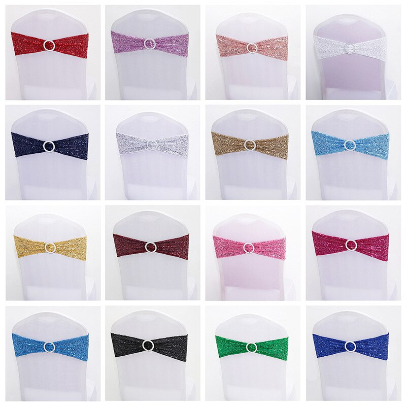 10 db minőségi flitteres székszárnyak Rose Gold Stretch szalagok kerek csattal esküvői dekorációs eseményekre, parti dekorációs szalagokra