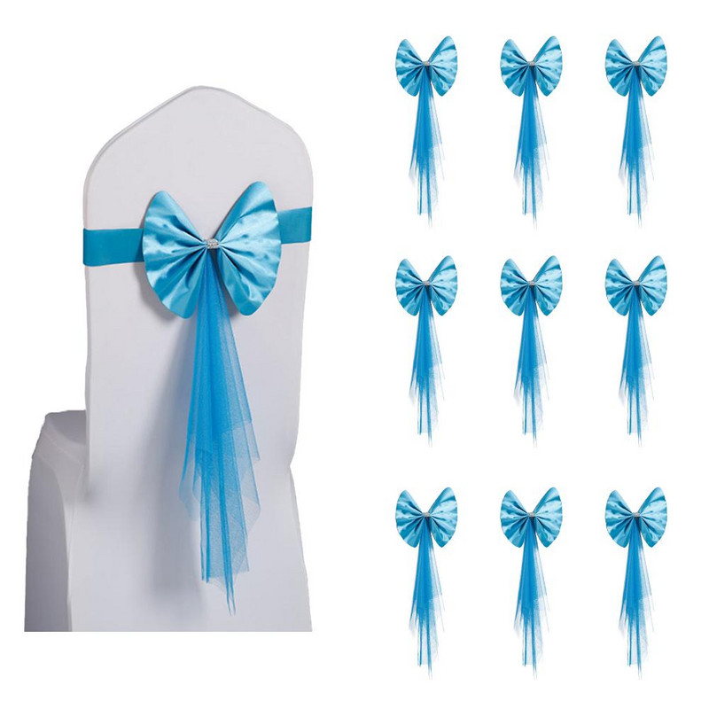 10 vnt. Kėdės varčios lankas, plūduriuojanti organza, pririšta vestuvinių kėdžių puošmenoms, satino kėdžių varčios juostos, skirtos vakarėlio dekoravimui