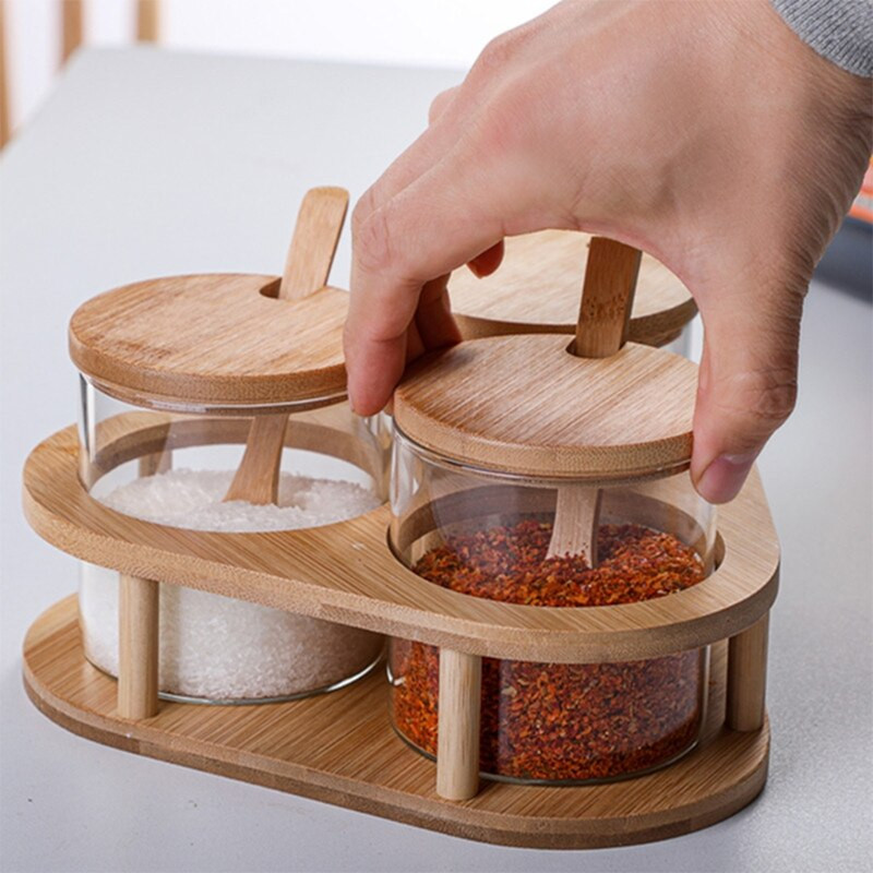 Staklena posuda za začine Boca začina s drvenim poklopcem od bambusa Žlica za aromu Slanica za šećer prozirna posuda