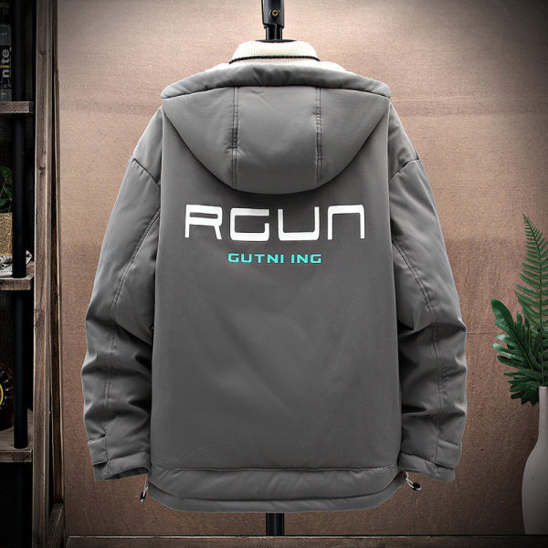 Geacă de iarnă casual cu glugă și inscripții pentru bărbați