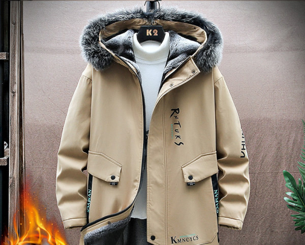 Geacă de iarnă căptușită pentru bărbați, cu glugă și inscripții