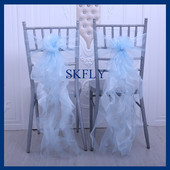 SH098A, elegant, personalizat, decorațiuni pentru petrecerea de nuntă, cu volane, din organza, albastru, creț, pentru scaunul de salcie.