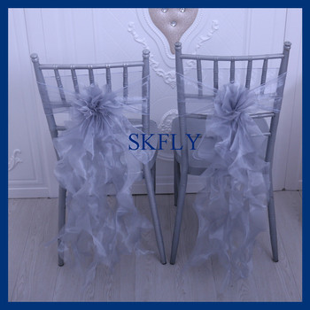 SH098Ένα κομψό νέο προσαρμοσμένο στολισμό γαμήλιου πάρτι οργάντζα frilly baby μπλε σγουρή ιτιά φύλλο κάλυμμα καρέκλας