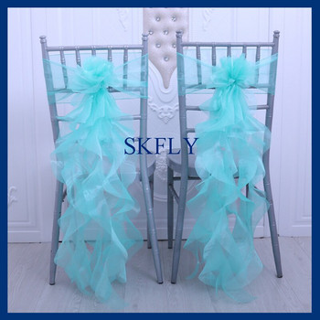 SH098A елегантна нова, изработена по поръчка украса за сватбено тържество, органза с накъдрени бебешки сини къдрави калъфи за столове от върба