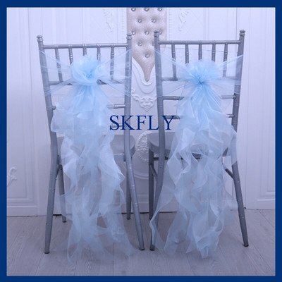 SH098A, elegant, personalizat, decorațiuni pentru petrecerea de nuntă, cu volane, din organza, albastru, creț, pentru scaunul de salcie.