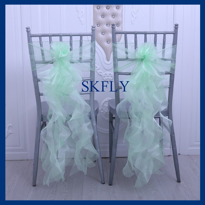 SH098A, elegant, personalizat, decorațiuni pentru petrecerea de nuntă, cu volane, din organza, albastru, creț, pentru scaunul de salcie.