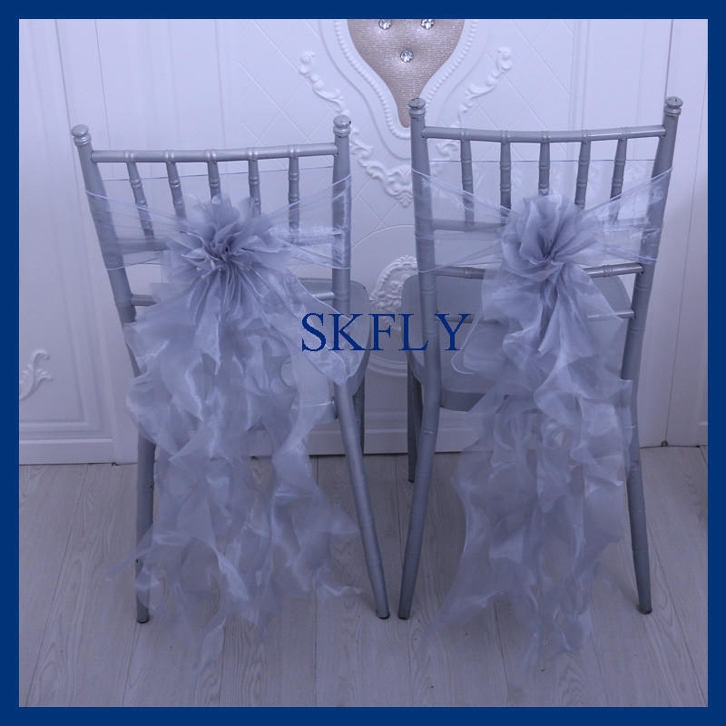 SH098A, elegant, personalizat, decorațiuni pentru petrecerea de nuntă, cu volane, din organza, albastru, creț, pentru scaunul de salcie.