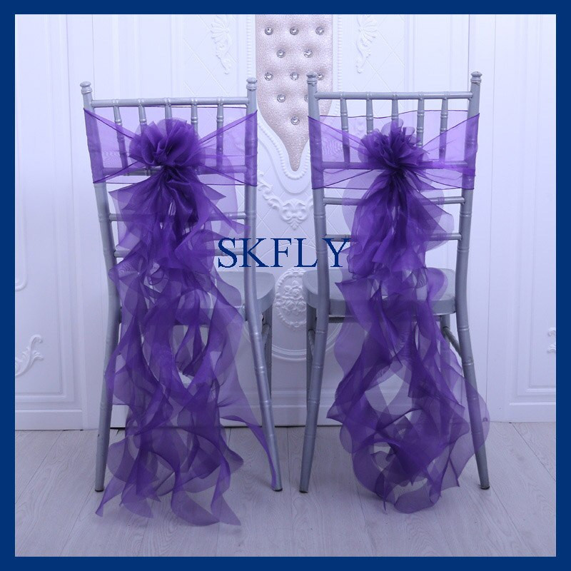 SH098A, elegant, personalizat, decorațiuni pentru petrecerea de nuntă, cu volane, din organza, albastru, creț, pentru scaunul de salcie.