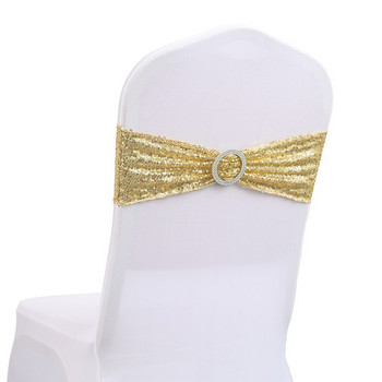 TECHOME 10τμχ Γυαλιστερή παγιέτα Καρέκλα Φύλλο Glitter Φιόγκος Lycra Stretch Chair Sashes Band με στρογγυλή πόρπη για πάρτι ξενοδοχείου Πώληση γάμου
