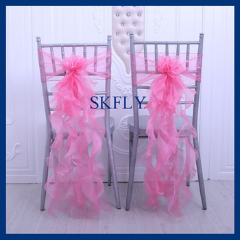 SH098Πολλαπλών χρωμάτων κομψή προσαρμοσμένη διακόσμηση γάμου μωρό μπλε οργάντζα σγουρό φύλλο καρέκλας ιτιάς με καρφίτσα