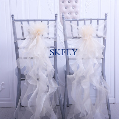 CH098E esküvői dekoráció fehér elefántcsont zöld rózsaszín lila pezsgő organza göndör fűzfa fodros székszárny