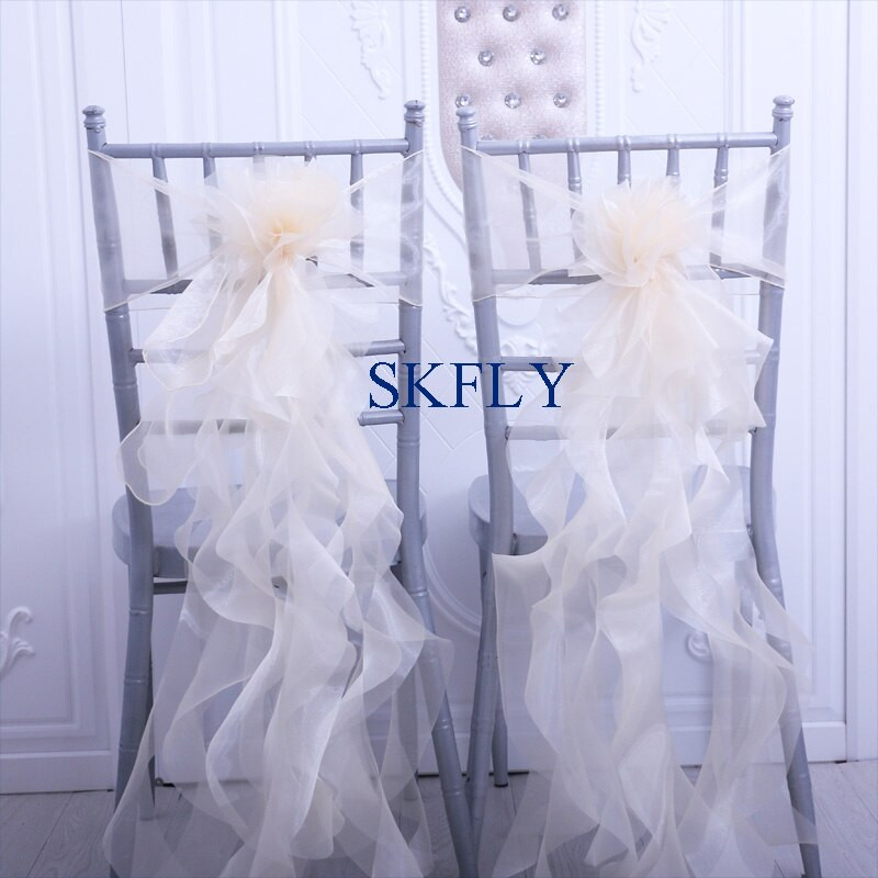 CH098E esküvői dekoráció fehér elefántcsont zöld rózsaszín lila pezsgő organza göndör fűzfa fodros székszárny