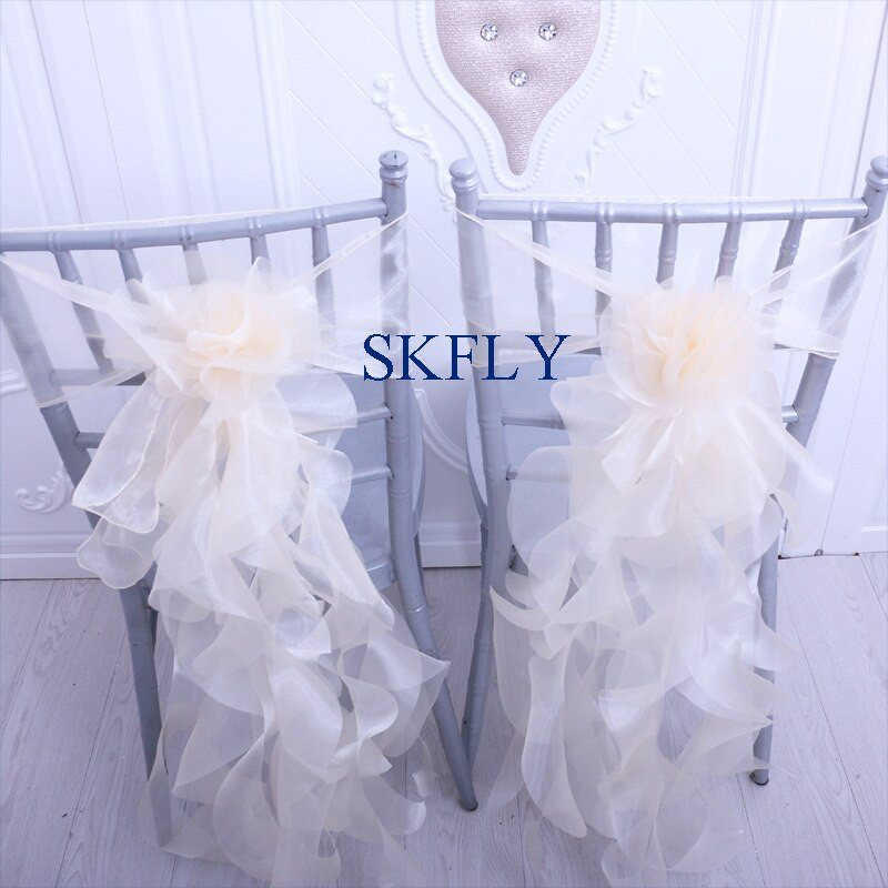 CH098E esküvői dekoráció fehér elefántcsont zöld rózsaszín lila pezsgő organza göndör fűzfa fodros székszárny