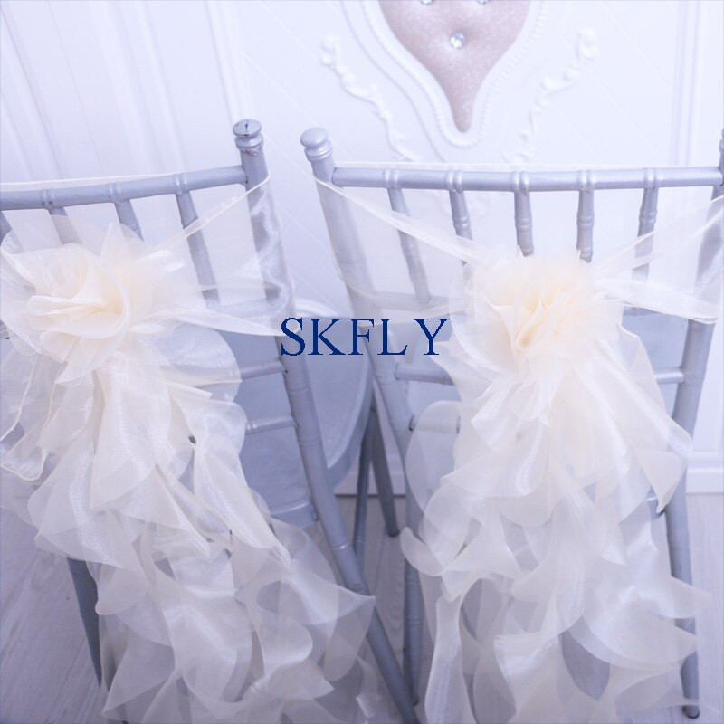 CH098E esküvői dekoráció fehér elefántcsont zöld rózsaszín lila pezsgő organza göndör fűzfa fodros székszárny