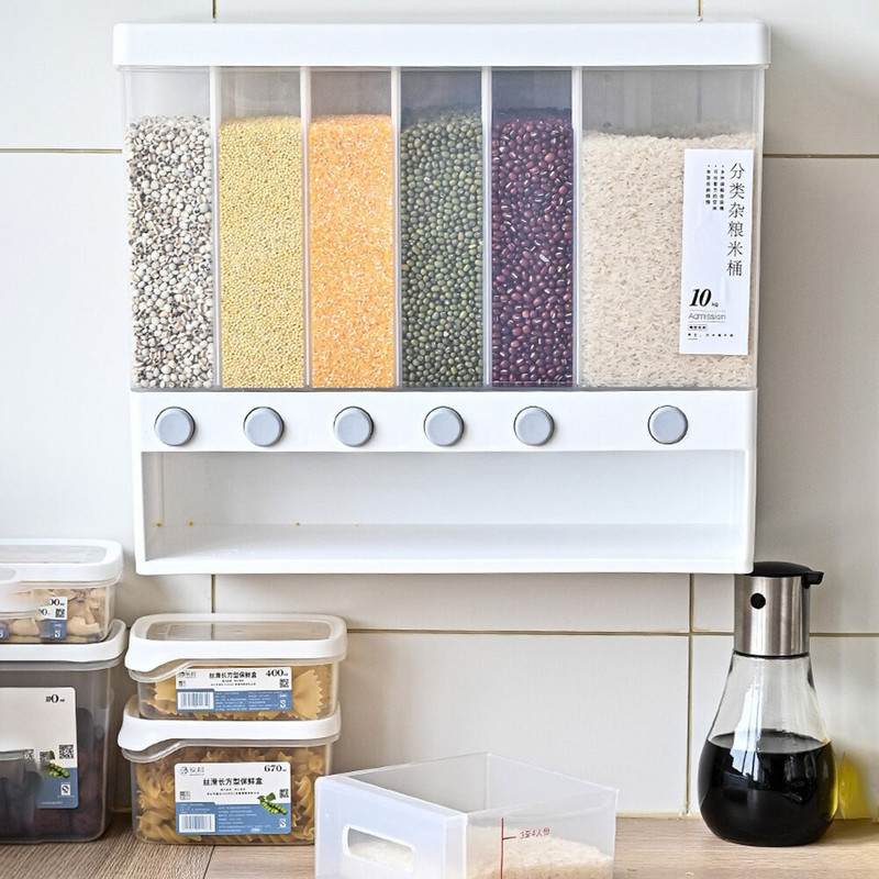 10L Buitinis prie sienos montuojamas ryžių grūdų kibiras Atsparus drėgmei kelių skyrių ryžių kibiras grūdų laikymo dėžutės virtuvės reikmenys