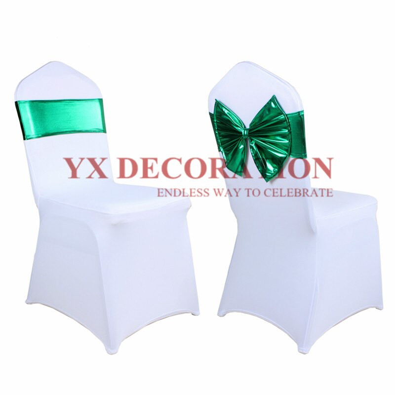 Új érkezés luxus fémes Lycra Band Spandex szalagos nyakkendő masni szállodai bankett esküvői ceremónia dekorációjához