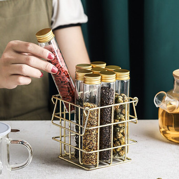 Модерна кошница за съхранение с 9 алуминиеви капака Стъклени бутилки Златен метален рафт Чай Кеди Кафе на зърна Буркан за бонбони