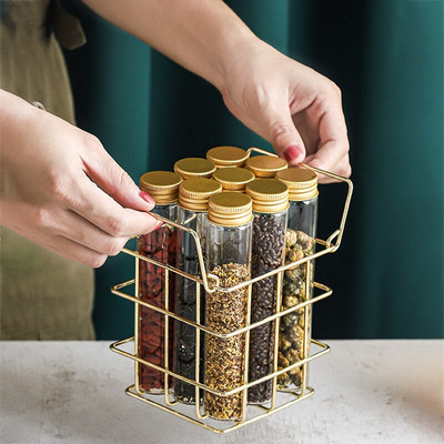 Modern tároló kosár 9 alumínium fedelű üvegpalackkal arany fém polc tea Caddy kávébab cukorka üveggel