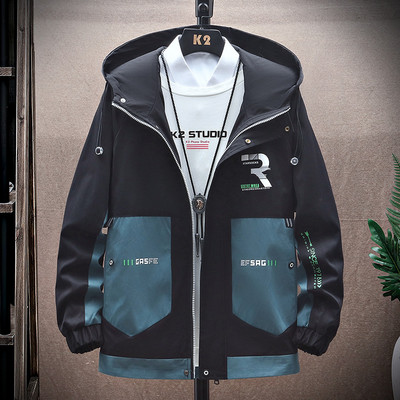 Jachetă bărbați cu glugă de primăvară-toamnă cu cravate și inscripție