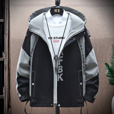 Jachetă bărbați cu glugă de primăvară-toamnă cu cravate și inscripție