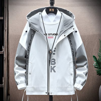 Jachetă bărbați cu glugă de primăvară-toamnă cu cravate și inscripție