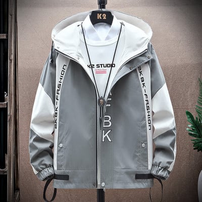 Jachetă bărbați cu glugă de primăvară-toamnă cu cravate și inscripție