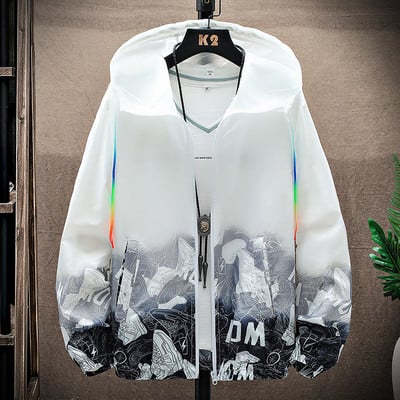 Tanka muška jakna s kapuljačom i šarenim printom - tip vjetrovke