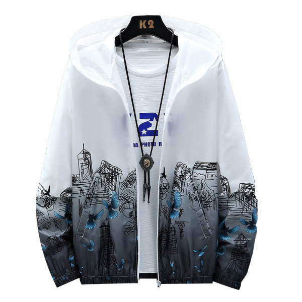 Tanka muška jakna s kapuljačom i šarenim printom - tip vjetrovke