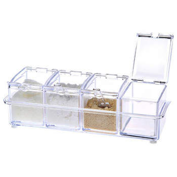 Прозрачна кутия за подправки Бутилка със захар и сол с четири решетки с лъжица Комплект за консерви за подправки Поставка за подправки Кухненски органайзер Консумативи
