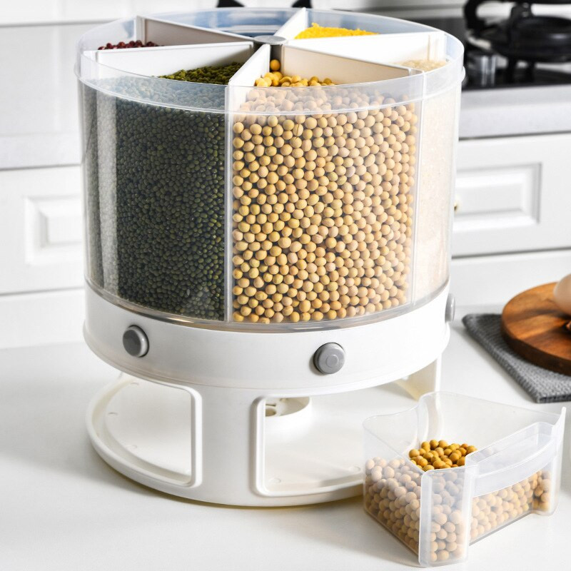 10 literes 6 rácsos, forgatható tartomány konyhai edények fedővel. Elosztó Gabonatartó Konyhai Szekrény Tároló Adagoló Élelmiszer konténer Kezdőlap