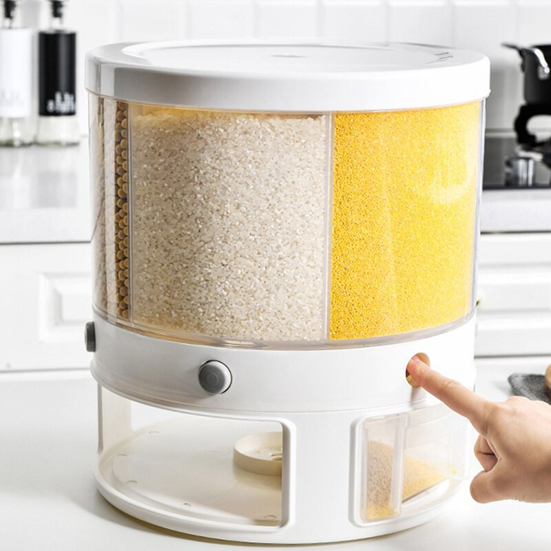 10 literes 6 rácsos, forgatható tartomány konyhai edények fedővel. Elosztó Gabonatartó Konyhai Szekrény Tároló Adagoló Élelmiszer konténer Kezdőlap