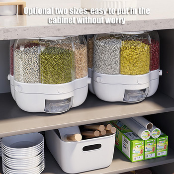 Контейнер за съхранение на хранителни зърна с голям капацитет с 6 решетки Дозатор за ориз Въртяща се запечатана кутия за съхранение на зърнени храни Кофа за ориз Кутия за храна