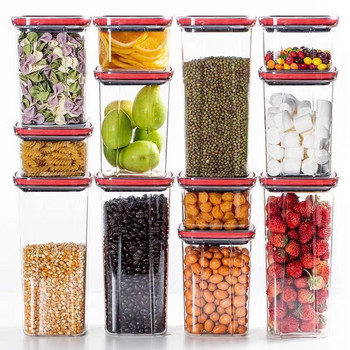 WBBOOMING Запечатан резервоар за съхранение Кухненски хладилник Пластмасов резервоар за съхранение Копче Дизайн Съхранение на закуски Кутия за съхранение на пълнозърнеста храна