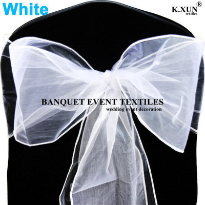 25 tk 100 tk organza tooliraamid Tooli vibud Pulmapidu Sündmus Xmas Bankett Decor Läbipaistev organza kangas 18cm x 275cm