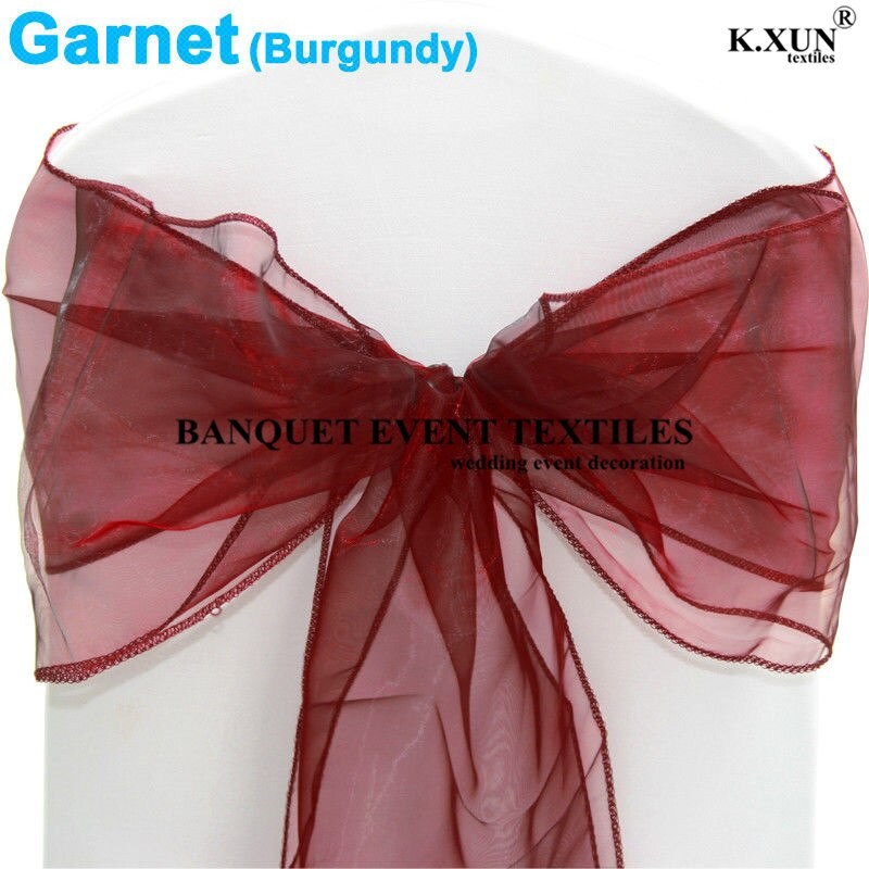 25 tk 100 tk organza tooliraamid Tooli vibud Pulmapidu Sündmus Xmas Bankett Decor Läbipaistev organza kangas 18cm x 275cm