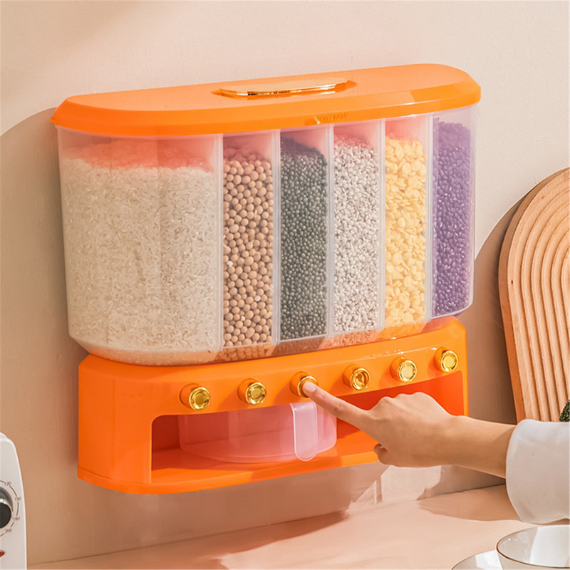 Cukorka adagoló gép Rizsadagoló 6 rács Easy Press 6 rács rizs adagoló Gabona vödör Konyhai élelmiszer tároló doboz rizs számára