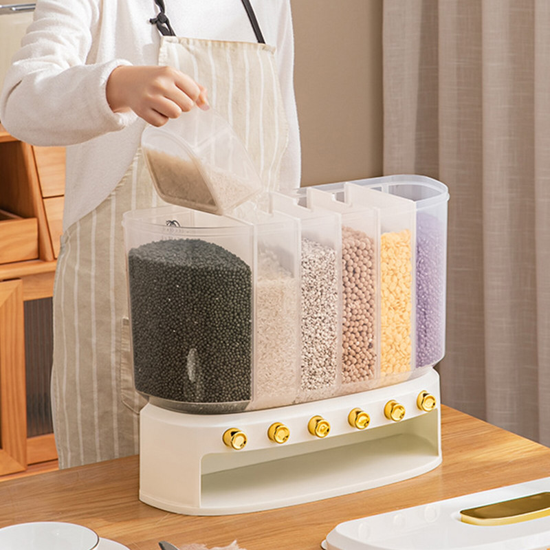 Cukorka adagoló gép Rizsadagoló 6 rács Easy Press 6 rács rizs adagoló Gabona vödör Konyhai élelmiszer tároló doboz rizs számára