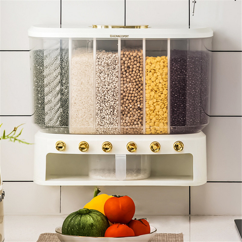 Cukorka adagoló gép Rizsadagoló 6 rács Easy Press 6 rács rizs adagoló Gabona vödör Konyhai élelmiszer tároló doboz rizs számára