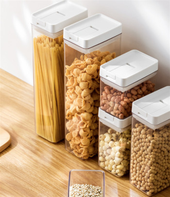 Влагоустойчиви контейнери за зърнени култури с лесно заключващ се капак за паста, ориз, сухи храни, пластмасови кафе, бонбони, закуски, запечатан контейнер за съхранение