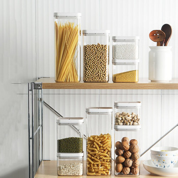 Прозрачни херметически затворени буркани за съхранение на храна Пластмасови кухненски органайзери без BPA за ядки Зърнени храни и суха храна ТВ Разпродажба