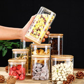 300-1400 ml négyzet alakú lezárt üvegpalackok tea kávébab átlátszó üveg tároló tartályok cukorka és snack üveg bambusz fedéllel